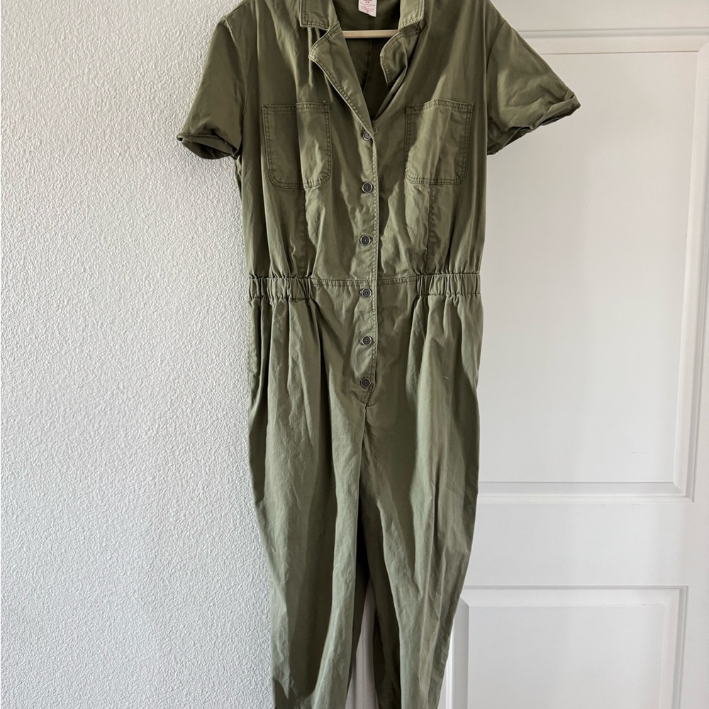 No Boundaries Khaki Green Button-Down Jumpsuit
